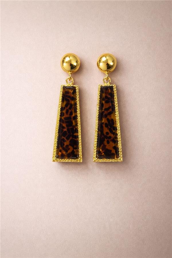 Terra Kahverengi Gold Leopar Desenli Plastik Küpe